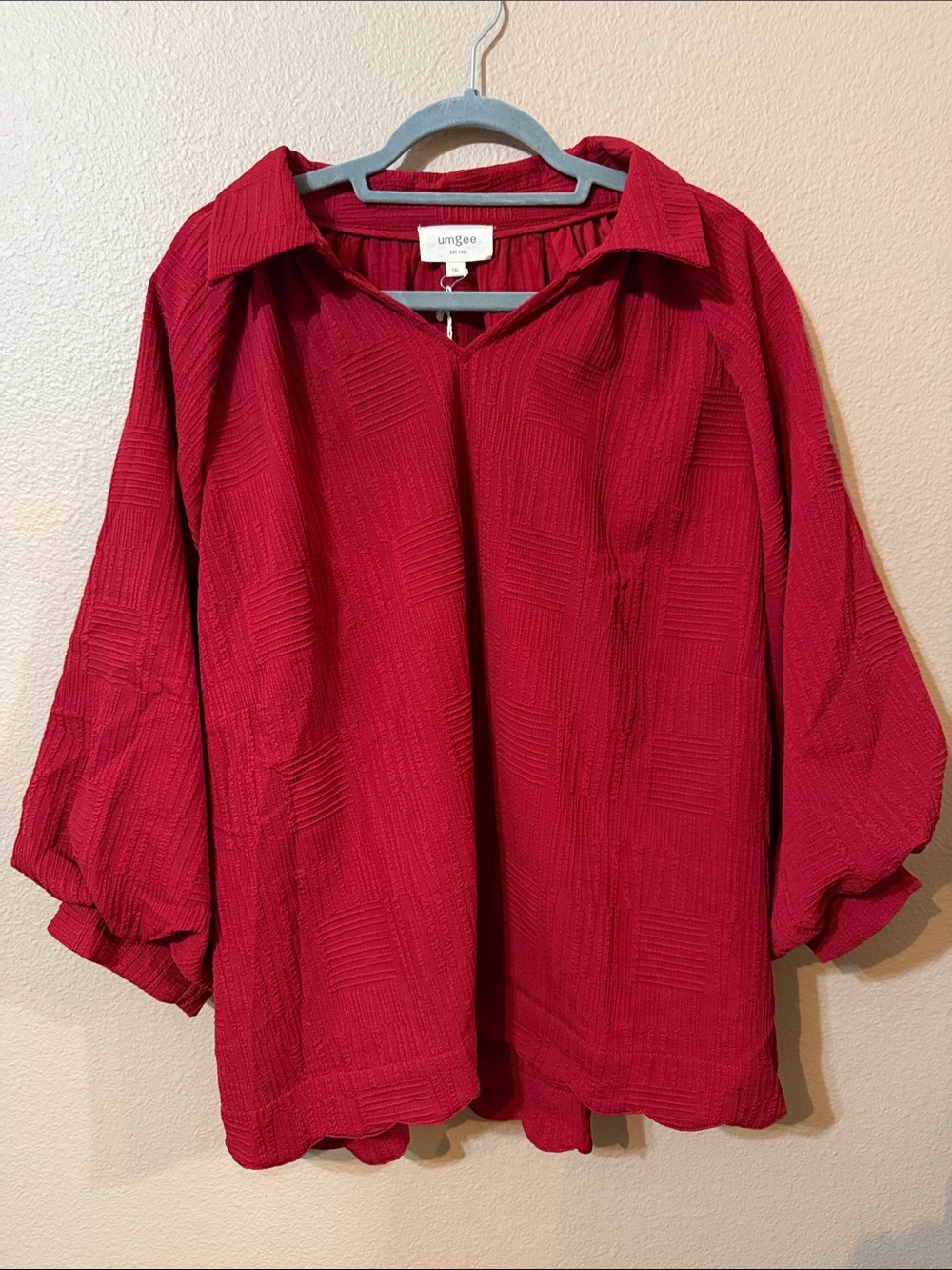 Umgee Deep Red Textured V-Neck Balloon Sleeve Tunic